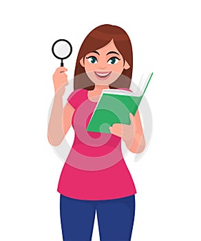 Young woman showing magnifying glass. Girl holding or reading a book, report, document in hand. Female character design.