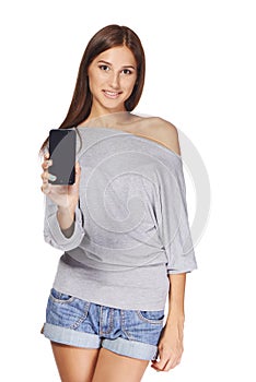 Young woman showing mobile cell phone