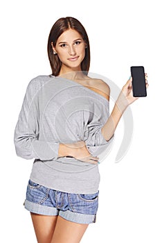 Young woman showing mobile cell phone