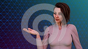 young woman showing and presenting copy space in a futuristic technology light network gaming lifestyle 3D illustration