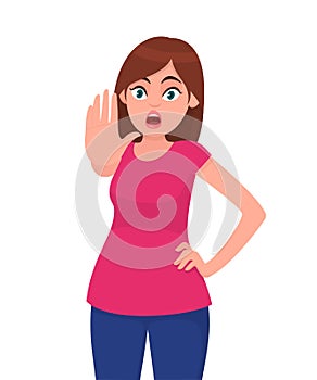 Young woman showing stop gesture sign with palm of the hand. Young girl requiring stop with her hand. Prohibition symbol.