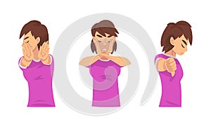 Young Woman Showing Thumb Down and Stop Gesture with Her Palm Hand Vector Set