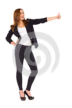 Young woman showing thumb up.