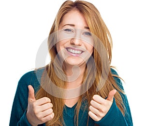 Young woman is showing thumb up gesture using both hands on white