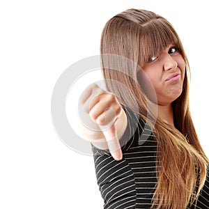 Young woman showing thumbs down