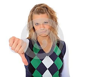 Young woman showing thumbs down