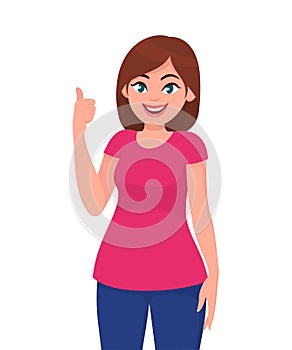 Young woman showing thumps up sign or gesture. Deal, approve, agree, agreement, okay, positive, human emotion concept.