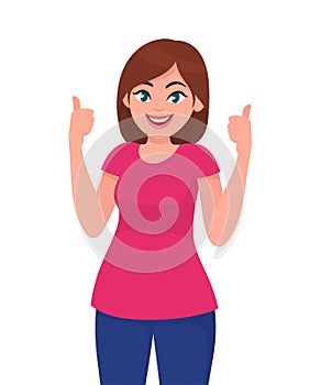 Young woman showing thumps up sign or gesture. Deal, approve, agree, okay, positive concept. Human emotion concept.