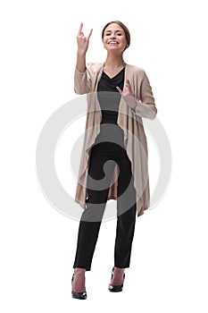 Young woman showing victory gesture . isolated on white