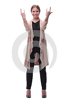 Young woman showing victory gesture . isolated on white