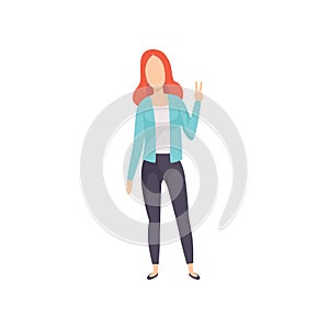 Young woman showing victory sign, success hand gesture, faceless girl character gesturing vector Illustration on a white