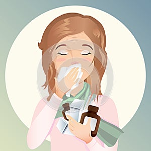 A young woman is sick. She has a runny nose and cough