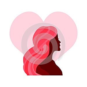 Young woman silhouette and heart. Self care and body positive concept. Vector illustration.