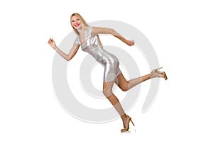 Young woman in silver dress isolated on white