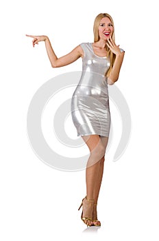 Young woman in silver dress isolated on white