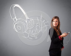 young woman singing and listening to music with abstract headphone