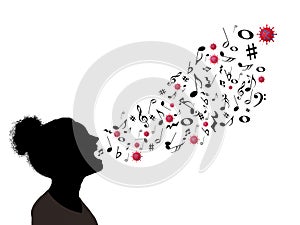 A young woman sings and spews music and influenza particles out of her mouth