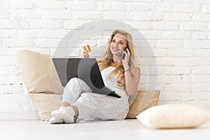 Young Woman Sit On Floor Using Laptop Computer Hold Credit Card Phone Call, Beautiful Girl Shopping Online