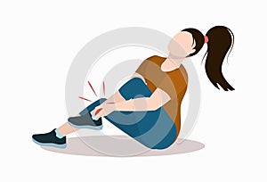 A young woman sits on the ground and holds on to her aching leg. Illustration on the topic of leg injuries