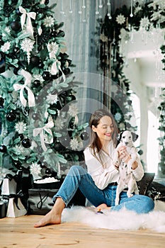 Young woman sits near Christmas tree and holds dalmatian puppy in her hands