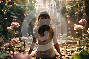 Young woman sits near waterfall in beautiful magical garden in summer