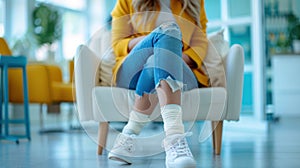 a young woman sits on a white couch in a doctor& x27;s office with a bandaged leg. Blurred background of medical clinic
