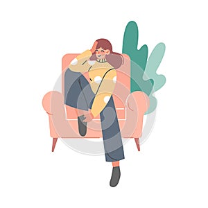 Young Woman Sitting in Armchair with Bended Leg with Head Reclined Upon Hand and Foliage Behind Vector Illustration