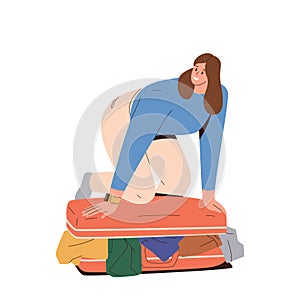 Young woman sitting on big suitcase overloaded with clothes and belongings, travel preparation