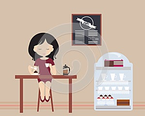 Young woman sitting in a chair behind a table in a cafe or pastry shop, drinking a white coffee cup - flat design photo