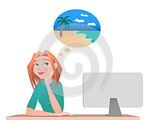 Young woman sitting in chair and dreaming about vacation on the island. Working