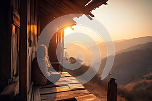 Young woman sitting on chair at a little cafe on top mountain during sunset