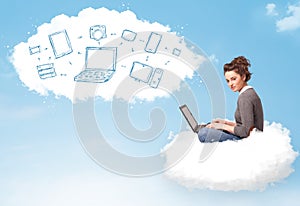 Young woman sitting in cloud with laptop