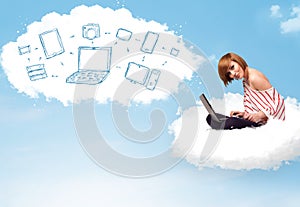 Young woman sitting in cloud with laptop