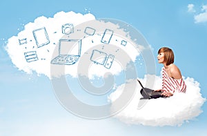 Young woman sitting in cloud with laptop