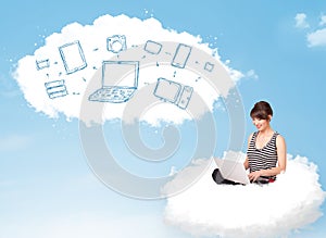 Young woman sitting in cloud with laptop