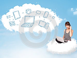 Young woman sitting in cloud with laptop