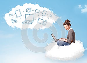 Young woman sitting in cloud with laptop