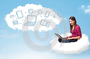 Young woman sitting in cloud with laptop