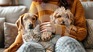 A young woman is sitting on a couch with a cat and two dogs. AIG51A photo