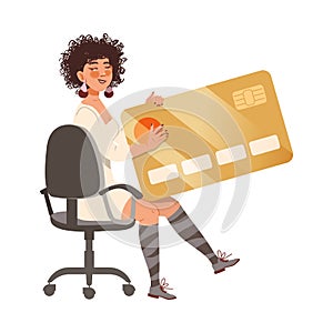 Young Woman Sitting with Credit Card as Victim of Cybercriminal Committing Network Crime Harming Financial Health Vector