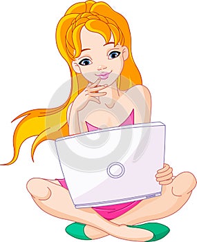 Young woman sitting on cushion with laptop