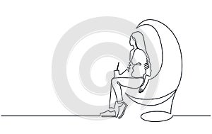 Young woman sitting in egg chair continuous one line vector drawing