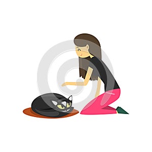 Young woman sitting on the floor and stroking her cat, cute pet with its owner vector Illustration on a white background