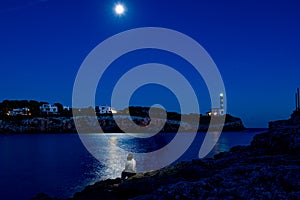 Young woman sitting in front of ocean with moonlight reflection and lighthouse at night. poetic and relaxing image, mindfulness,