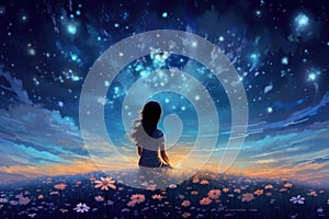 Young woman sitting on grass and looking at night sky with stars, illustration of a girl sitting in flower field under starfield