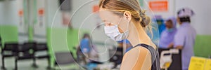 Young woman sitting in hospital waiting for a doctor`s appointment. Patients In Doctors Waiting Room BANNER, LONG FORMAT