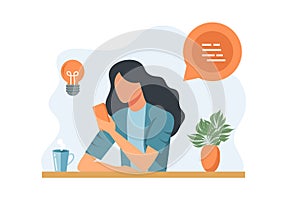 Young woman sitting with laptop and lamp bulb as sign for insight. Bright creative idea concept. Vector illustration in flat style