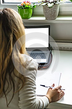 Young woman sitting and looking at laptop screen