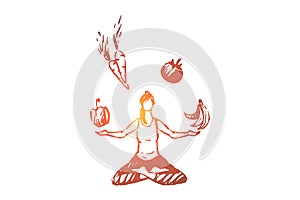 Young woman sitting in lotus pose, meditation and fitness, organic fruits and vegetables, healthy lifestyle