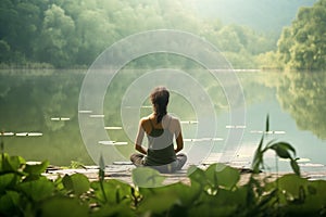 Young woman sitting peacefully by tranquil lake. Generative AI